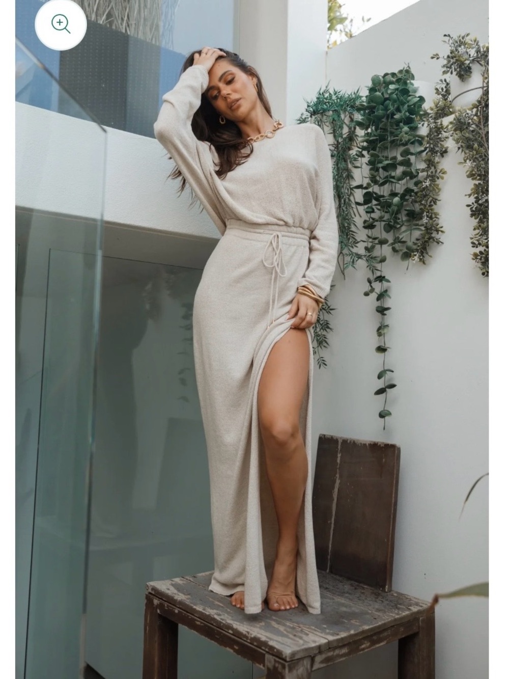 Neutral Beige Long Sleeve Side-Slit Florida Maxi Dress
